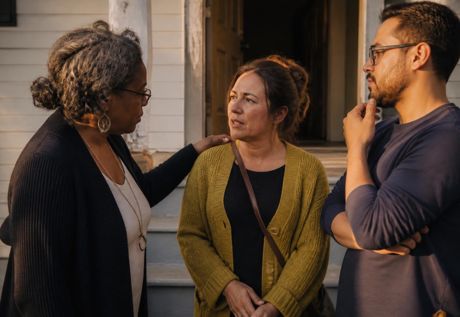 Three neighbors of different ages talking closely on the steps outside a community building in late afternoon light