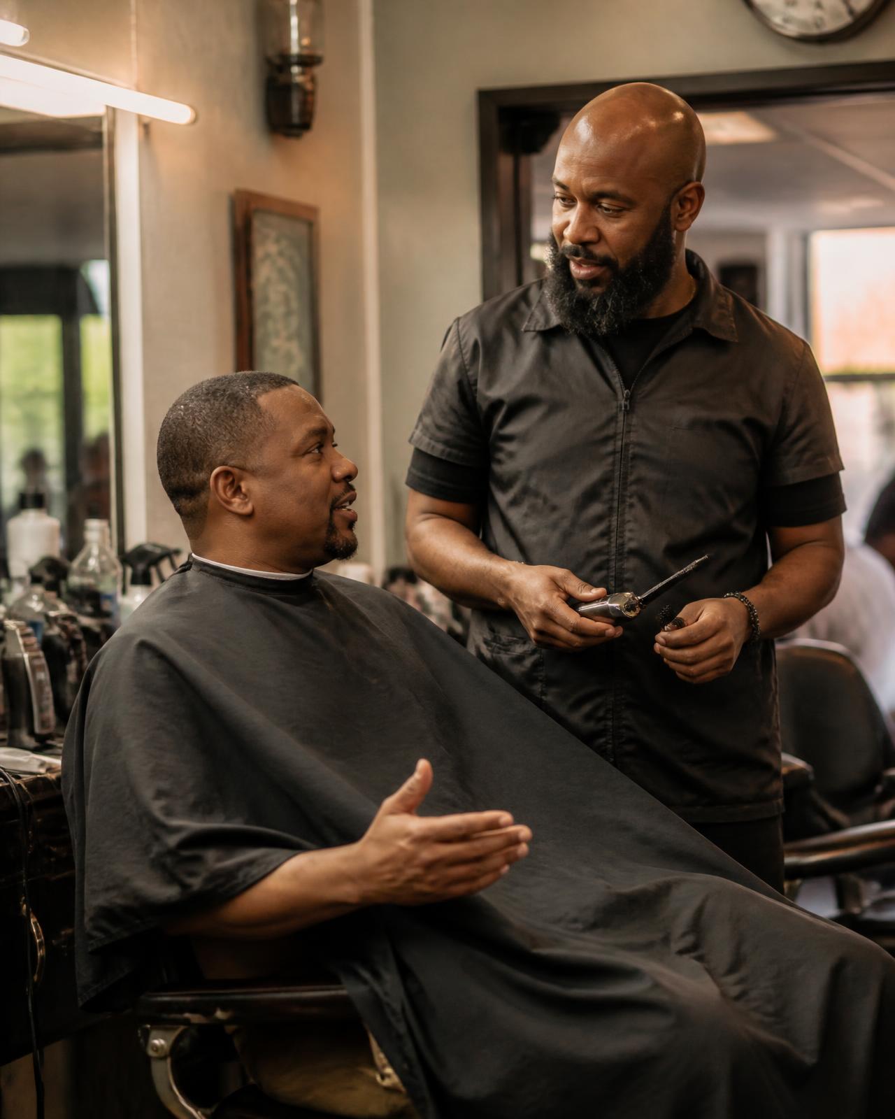 A barber standing beside his chair, talking with the man seated in it