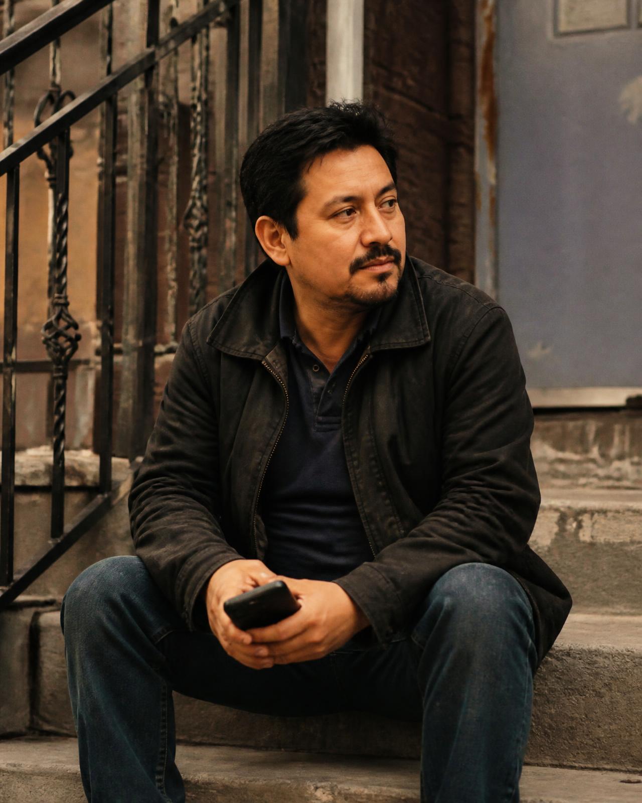 A man sitting on outdoor steps, phone in hand, taking a quiet pause in late-afternoon light