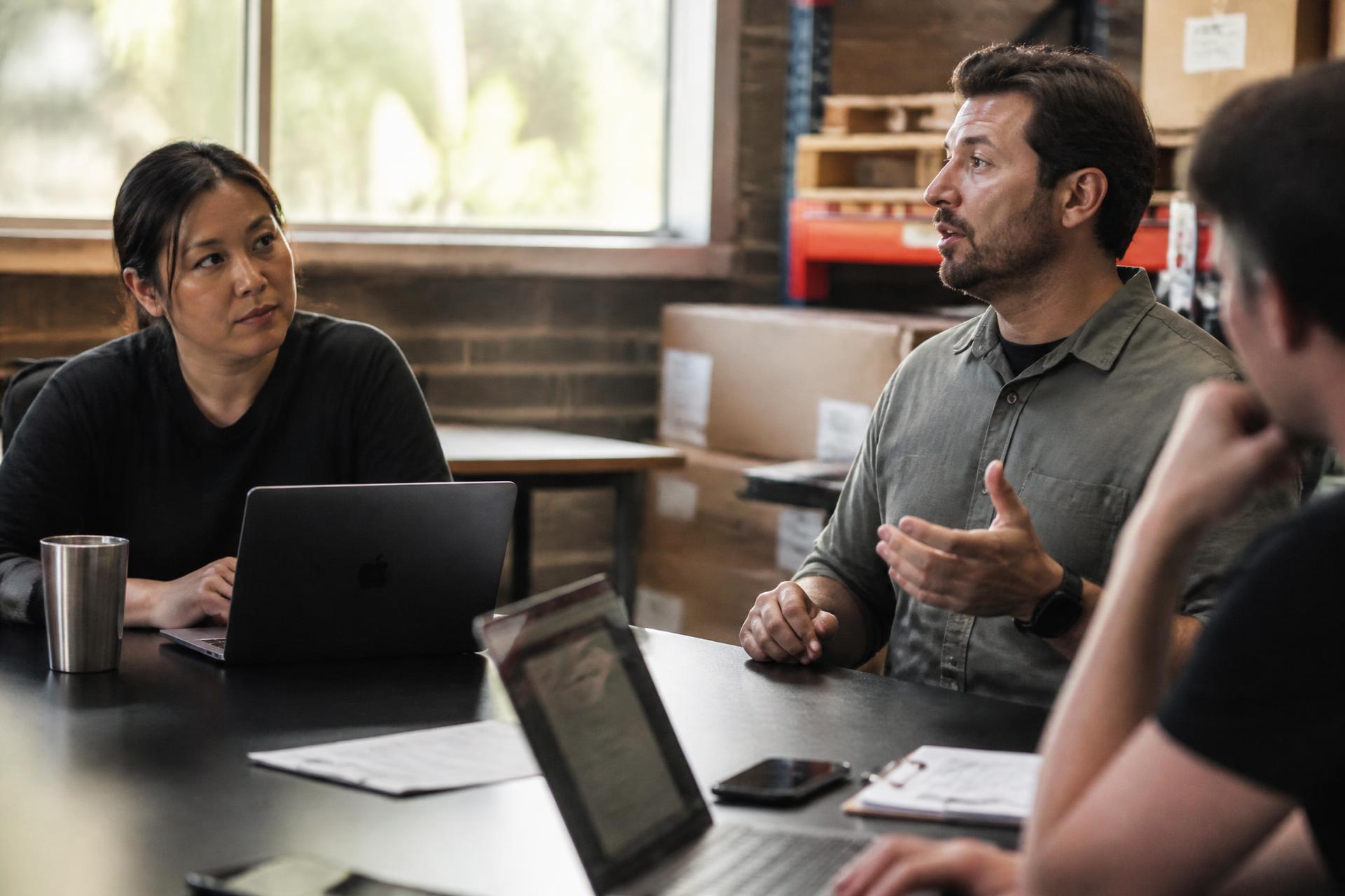 Colleagues in a working operations space mid-conversation, one listening closely as another speaks